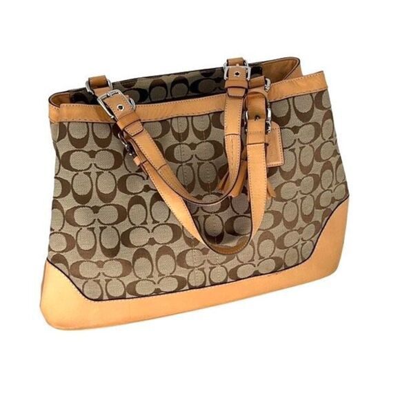 Coach Womens Monogram Signature Jacquard Leather Trim Tassel Shoulder Bag Tan La - Picture 1 of 9
